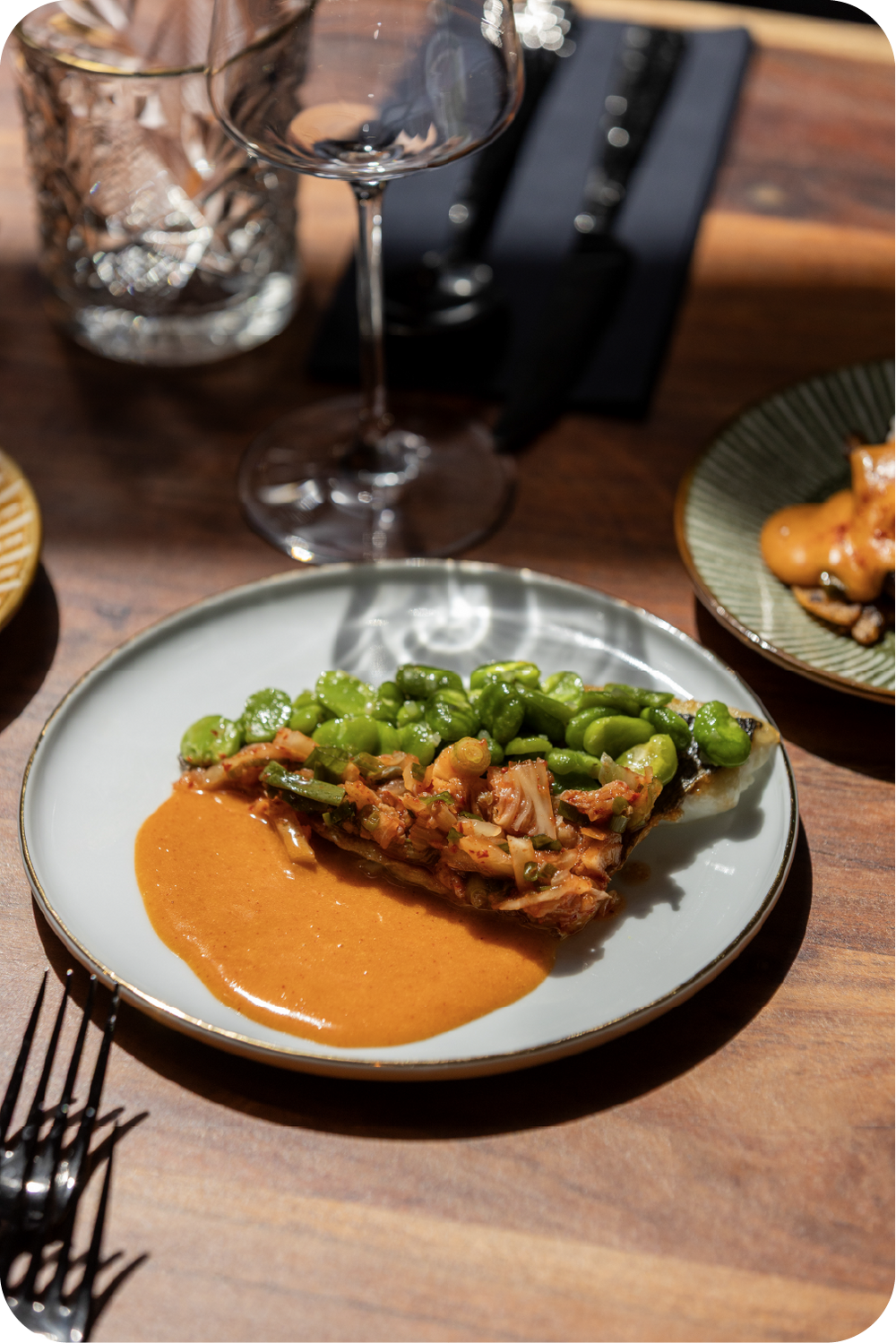 Sea Bream with Gochujang Beurre Blanc, Kimchi & Fava Beans