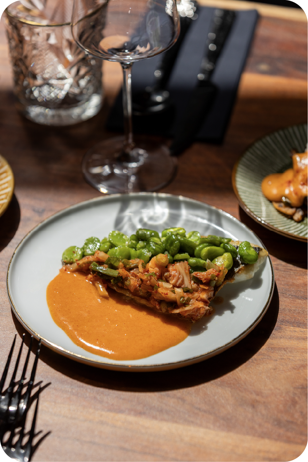 Sea Bream with Gochujang Beurre Blanc, Kimchi & Fava Beans