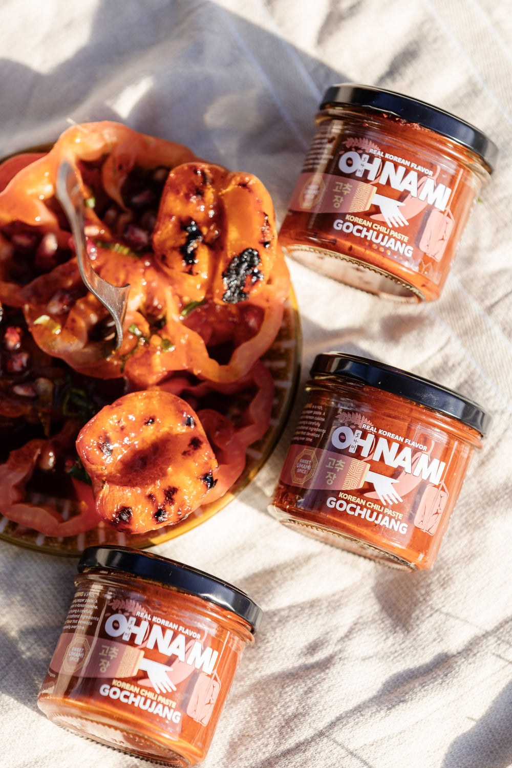 Tomato Gochujang Vinaigrette with Grilled Peaches